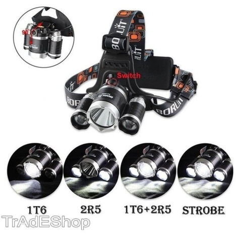 TrAdE Shop Traesio - Lampada Torcia Frontale Led Ricaricabile 3 Led Cree T6 R5 Rj3000 5000 Lumen -