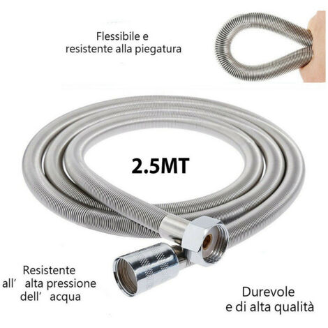 TRADE SHOP - Tubo Flessibile Soffione Doccino Per Doccia Vasca Bagno 2.5mt In Acciaio Cromato -