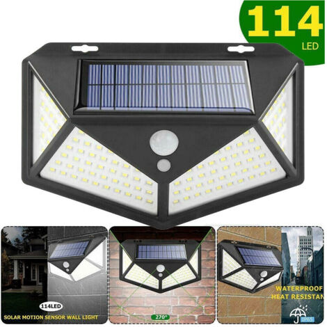TRADE SHOP - Faro 114 Led Con Pannello Solare E Sensore Di Movimento Faretto Crepuscolare -