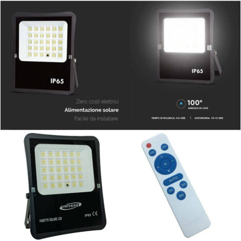 TrAdE Shop Traesio - Faro Con Pannello Solare Ip65 E Sensore Crepuscolare Proiettore 50 100 200 300w -  50 Watt
