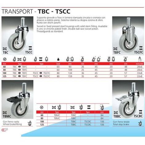 TRADE SHOP - Ruota Grigia Con Perno Tbf Cebora Diametro 60 80 100 125 Per Carrelli Peesanti -    -60 mm   -