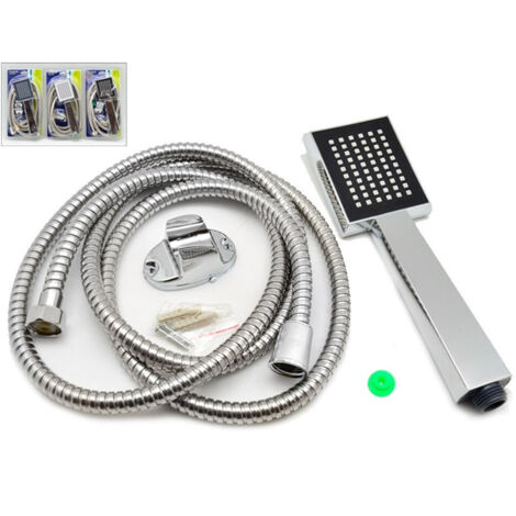 TRADE SHOP - Soffione Doccia Universale Acciaio Quadrato + Tubo Flexi 2 Mt Effetto Pioggia -