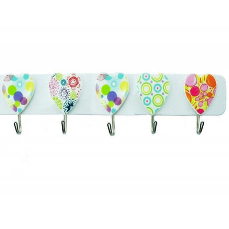 TRADE SHOP - Barra 5 Ganci Acciaio Cuore Adesiva Appendini Plastica Appendi Tutto Cucina -