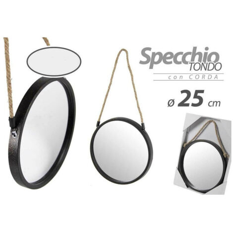 TRADE SHOP - Specchio 25 Cm Con Corda Specchiera Parete Tondo Moderno Nero In Metallo 777042 -