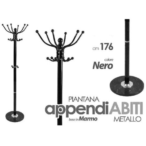 Appendiabiti Da Terra In Metallo Con Base In Marmo Naturale – 8 Ganci Neri – Per Cappotti E Borse – Design Moderno