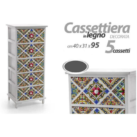 Cassettiera 5 Cassetti In Legno Di Paulownia Bianca - Misure 66x40x30 Cm, Stile Shabby Chic, Già Montata, Multiuso Per Camera, Bagno, Ingresso
