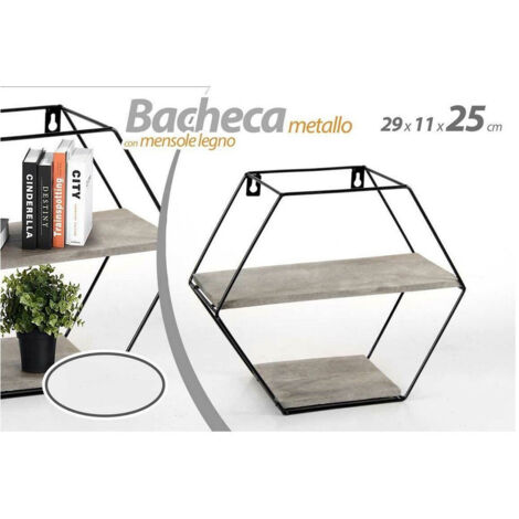 Kaela - Bacheca Porta Oggetti Metallo Esagonale Parete 2 Mensole Legno 29x11x25cm 751981 - (1/2)