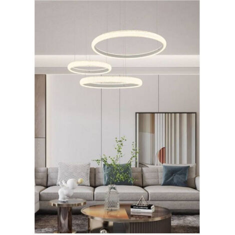 TRADE SHOP - Lampadario Led 60w A Sospensione 3 Anelli Cristalli Luce 3000k 6500k 4000k Lp-39b - -Bianco Naturale -