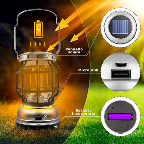 TRADE SHOP - Lampada Da Campeggio A Led Solare Lanterna A Fiamma Portatile Ricaricabile Usb -