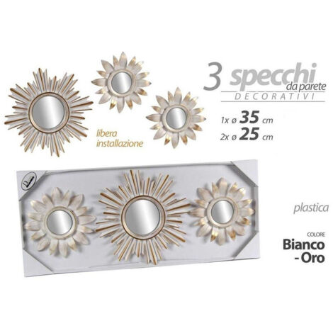 TRADE SHOP - Set 3 Pz Specchi Parete Bianco Oro 25/35 Cm Plastica Libera Installazione 823909 -