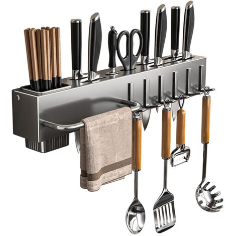 HMAKGG Porta Utensili da Cucina Parete Adesivo, 50cm Barra Portautensili Cucina con 10 Gancio, Barra per Gadget Alluminio per Cucina e Bagno, Grigio