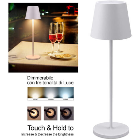 TRADE SHOP - Lampada Da Tavolo A Led Con Batteria Ricaricabile Touch Dimmerabile 3 Colori Bar - Bianco