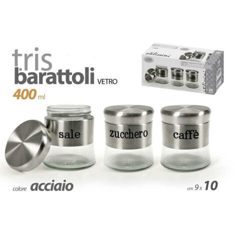 TRADE SHOP - Tris Barattoli Colore Acciaio In Vetro 9x10cm 400 Ml Sale Zucchero Caffe' 816604 -