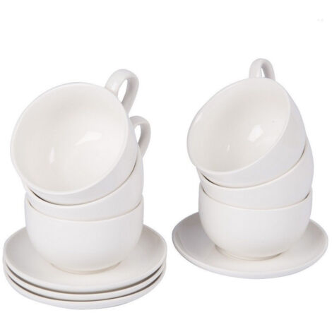 TRADE SHOP - Set 8 Pezzi Per Colazione Cappuccino 4 Tazze 200 E 4 Piattini Porcellana Bianca -