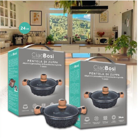 Linq - Pentola Tegame Per Zuppa Rivestito Granito Con Coperchio Fondo Basso 24cm T-9480 - (1/5)