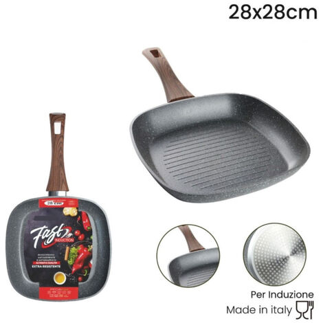 TrAdE Shop Traesio - Bistecchiera Quadrata Antiaderente Antigraffio Per Induzione Manico Legno Da 24x24/28x28cm -    -28 cm   -