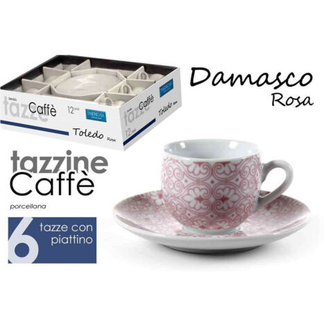 TRADE SHOP - Set 6 Pz Tazzine Caffè + 6 Piattini Tazzina Classico Moderno Damasco Rosa 720390 -