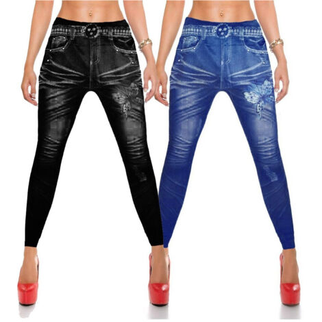TRADE SHOP - 2 Leggings Modello Farfalla Jeans 1 Blu 1 Nero Taglia Unica Cod.5241 - (1/2)