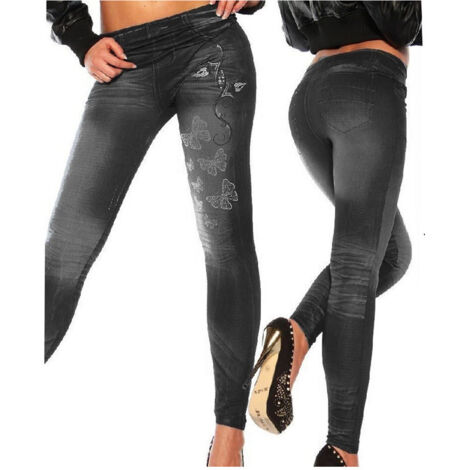TRADE SHOP - Leggings Jeggings Stretch Donna Skinny Faux Demin Matita Jeans Aderenti Pantaloni - Nero