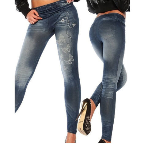 TRADE SHOP - Leggings Jeggings Stretch Donna Skinny Faux Demin Matita Jeans Aderenti Pantaloni - Blu