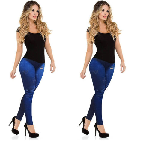 TRADE SHOP - Leggings Pantaloni Da Donna Effetto Jeans Snellente Jeans Colore Chiaro E Scuro - (1/5)