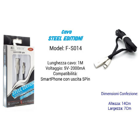 TRADE SHOP - Cavo Steel Edition Per Smartphone Uscita 5pin 5volt - 2000ma 1,00mt Maxtech F-s014 - (1/3)