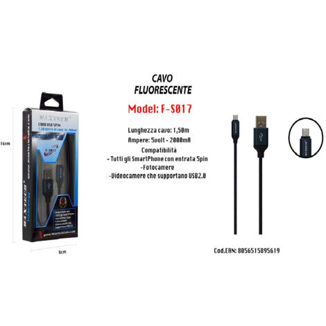 TRADE SHOP - Cavo Fluorescente Ricarica Per Smartphone 5pin 1,50mt 5volt - 2000ma Maxtech F-s017 - (1/5)