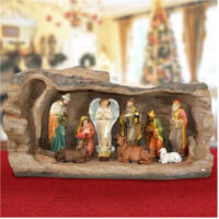 TRADE SHOP - Nativita' In Resina Scenario Tronco Albero Con Luce Calda Decorazioni Natalizie -