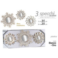 TRADE SHOP - Set 3pz Specchi Da Parete Decorativi Bianco Oro 25/35cm Specchio Plastica 823923 -