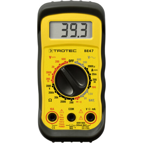 Trotec – Multimètre BE47 – Gaine de protection en caoutchouc – CAT III 300 V – Test de diode et de continuité – Affichage numérique