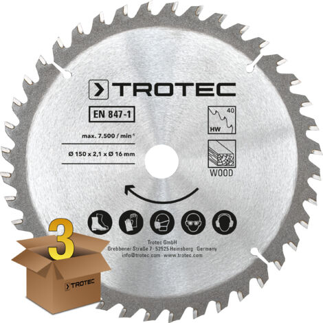 Trotec – Set de 3 lames de scie circulaire Ø 150 mm – 40 dents pour bois dur – Acier carbone – Coupe précise et rapide