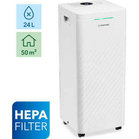 Trotec – Déshumidificateur purificateur d'air 24 l/24h – Surface 50 m² – Double filtre HEPA – Modes de fonctionnement variés – Raccordement vidange (1/5)