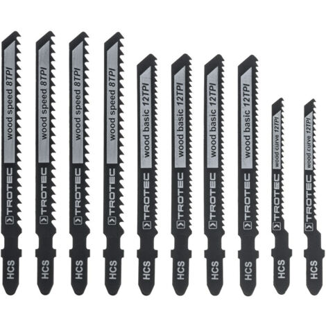 Trotec – Set de 10 lames de scie sauteuse pour bois tendre – Acier au carbone – Longueur 100/92/75mm – Denture fine pour coupes précises