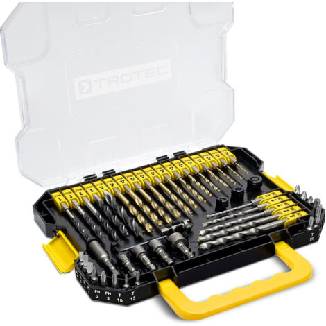 TROTEC Juego de 49 piezas con brocas espirales de mango hexagonal, brocas de destornillador y casquillos