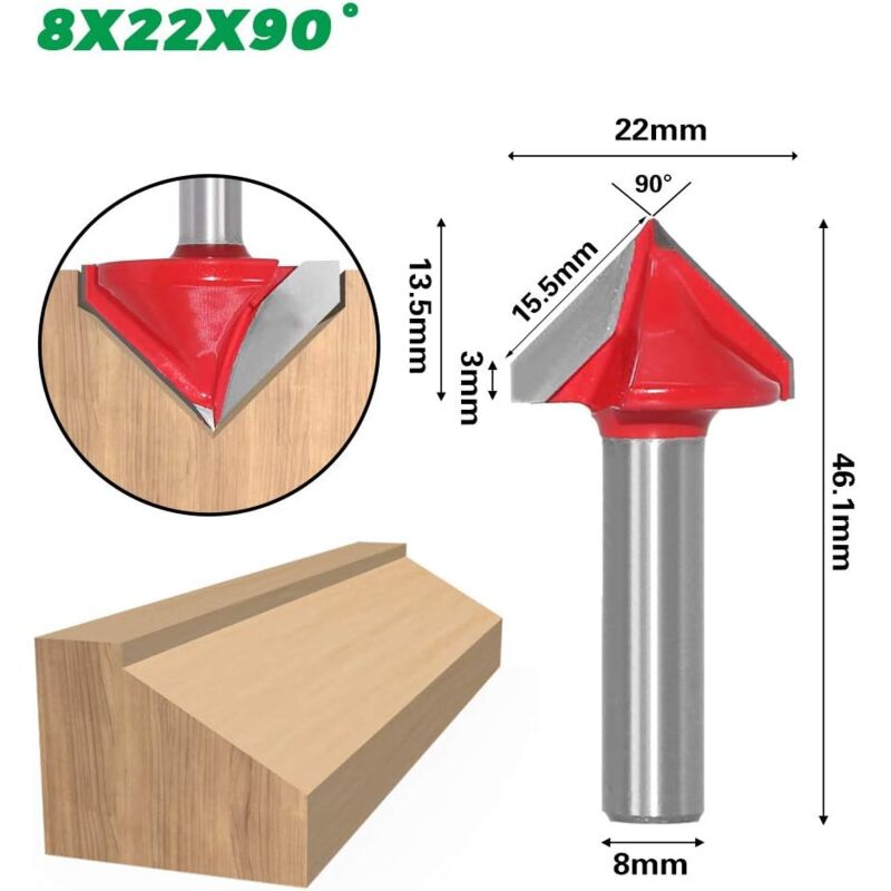 8-teiliges V-Nut-Fräser-Set, 90 Grad, 1/4 Zoll Schaft – Schnittdurchmesser Von 1/4 Bis 1 Zoll