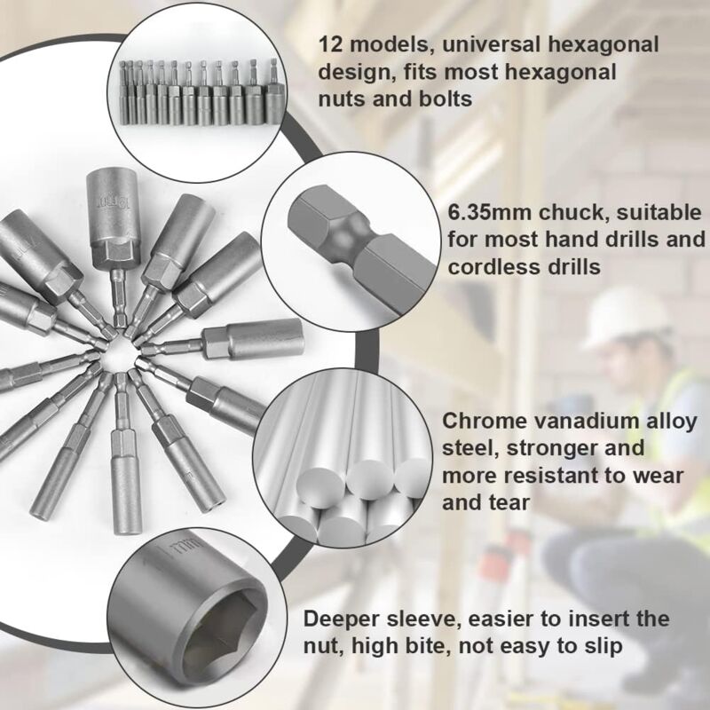 5Pc 6-13Mm Socket Magnetic Nut Screwdriver 1/4\" Hex Shank Electric Drill Bit 5pcs 10mm