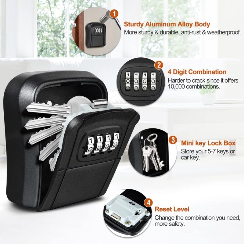 thumbnail image 2 of True Face Wall Mounted Key Safe – 4 Digit Combination Security Lock Box, Black, Water-Resistant For Outdoor Keys 2 of 5