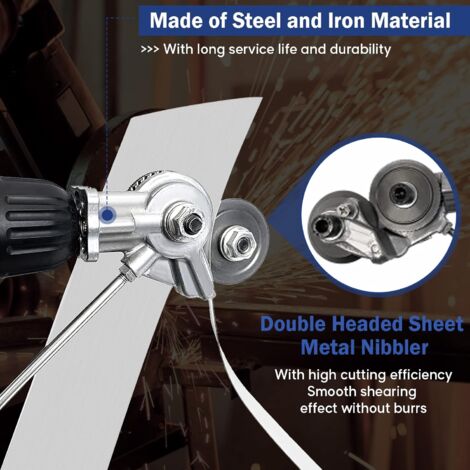 Sheet Nibbler, Electric Drill Plate Cutter, Double Head Sheet Nibbler Cutter for Cutting Iron, Steel, Copper, Aluminum (Suitable for 12V/21V Lithium Drill)