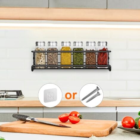 Kitchen Spice Rack, Metal Spice Rack No Drilling, Wall Mounted Spice Rack for Kitchen, Spice Holder for Spice Pots, Pantry, Kitchen Cabinet, Accessories, 29 x 6 x 6 cm (Black, 2 Pack)