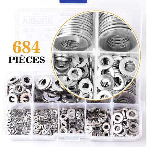684-piece assortment of 304 stainless steel washers, M2, M2.5, M3, M4, M5, M6, M8, M10, M12, washers for sealing screws, sealing rings, including box (gray)