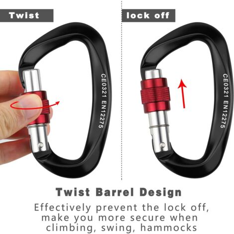 Climbing Carabiner, 2 Pack Self-Locking Carabiner Aluminum Stainless Steel D-Ring Carabiner for Climbing and Rappelling, Dog Lock, Hammock Swing, Tent, Large Size, Black