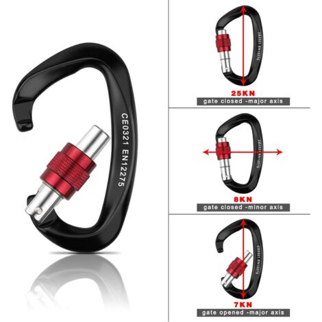 Climbing Carabiner, 2 Pack Self-Locking Carabiner Aluminum Stainless Steel D-Ring Carabiner for Climbing and Rappelling, Dog Lock, Hammock Swing, Tent, Large Size, Black