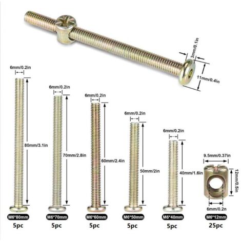 25 pieces hexagon screws, screws with 25 pieces cylinder nuts, screws with cylinder nuts assortment set, for furniture, baby beds, chairs