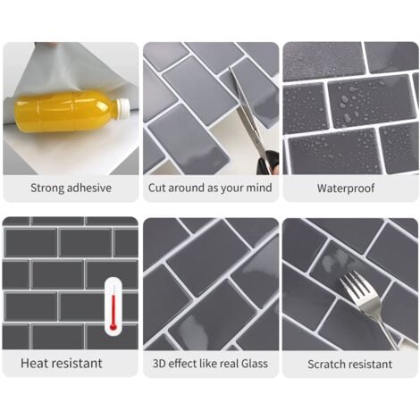 10 Sheets Peel and Stick Tiles, Metro Subway Self Adhesive Wall Tiles, Grey Black, for Kitchen, Bathroom (12" x 12")