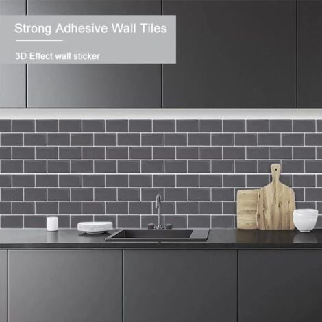 10 Sheets Peel and Stick Tiles, Metro Subway Self Adhesive Wall Tiles, Grey Black, for Kitchen, Bathroom (12" x 12")