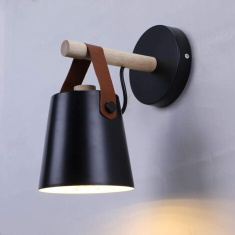 Vintage Industrial Wall Light, Wood and Iron Wall Lamp, Nordic Indoor Retro Light for Bedroom, Living Room, Stairwell, Restaurants, Cafe, Corridor, Black, E27