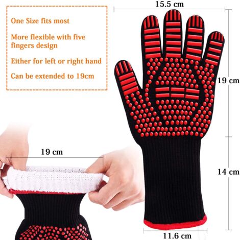 EN407 Non-Slip Silicone Grill Gloves for Grill, Oven, Oven, Heat Resistant Cooking Gloves, Fireplace Gloves, Fireplace Gloves, Fireplace Gloves up to 800 °C (Red)