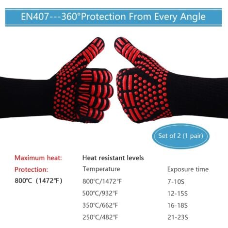 EN407 Non-Slip Silicone Grill Gloves for Grill, Oven, Oven, Heat Resistant Cooking Gloves, Fireplace Gloves, Fireplace Gloves, Fireplace Gloves up to 800 °C (Red)