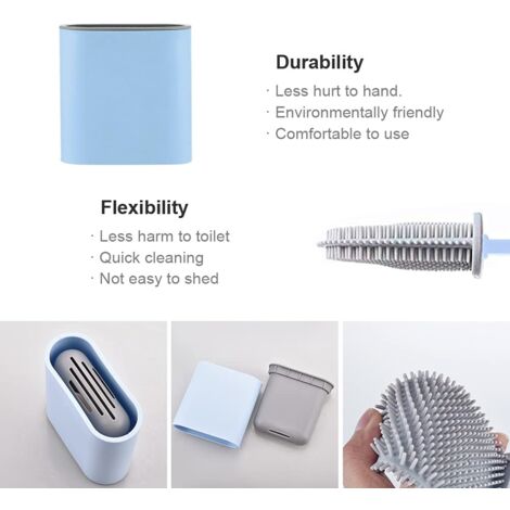 Silicone Toilet Brush Plate - Toilet Brush and Holder, Drip-Free, Antibacterial, Ventilated Toilet Brush, Odorless, Quick-Drying, Wall/Floor Mounted Toilet Brush for Bathroom and Toilet, Blue