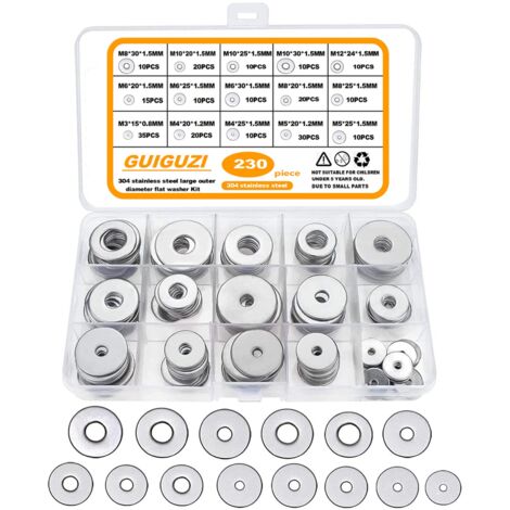 Flat Washers, 230pcs 304 Stainless Steel Large Metal Washers 15 Sizes M3 M4 M5 M6 M8 M10 M12 for Home Decoration, Factories, Kitchens, Shops and Outdoor Construction (1/5)